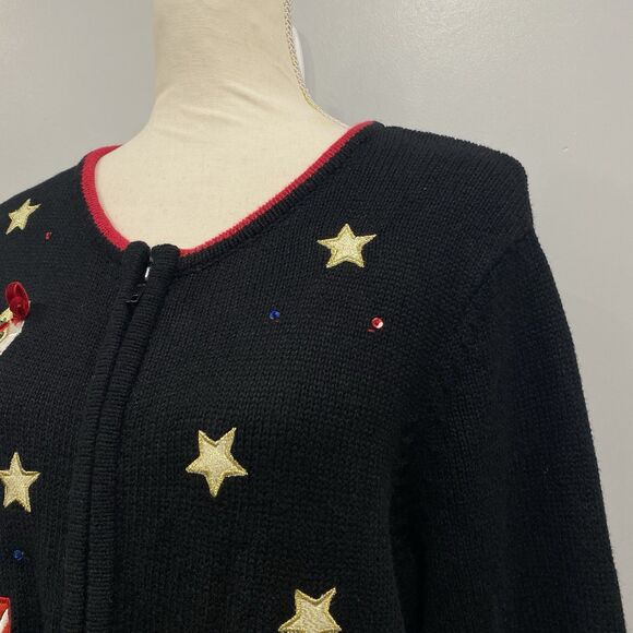 VTG Tiara Int'l M Black Ugly Christmas Sweater Zipper Cardigan Santa Embroidered - Picture 8 of 16